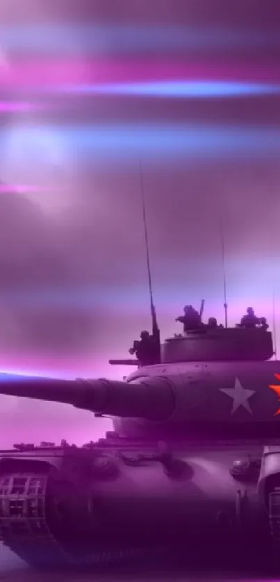 Purple tank on a battlefield with dramatic clouds.