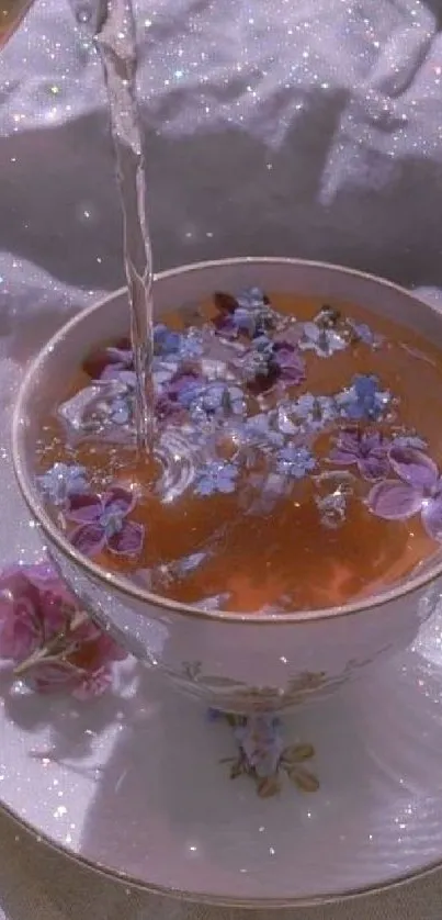 Aesthetic tea cup with purple flowers and gentle sparkles.