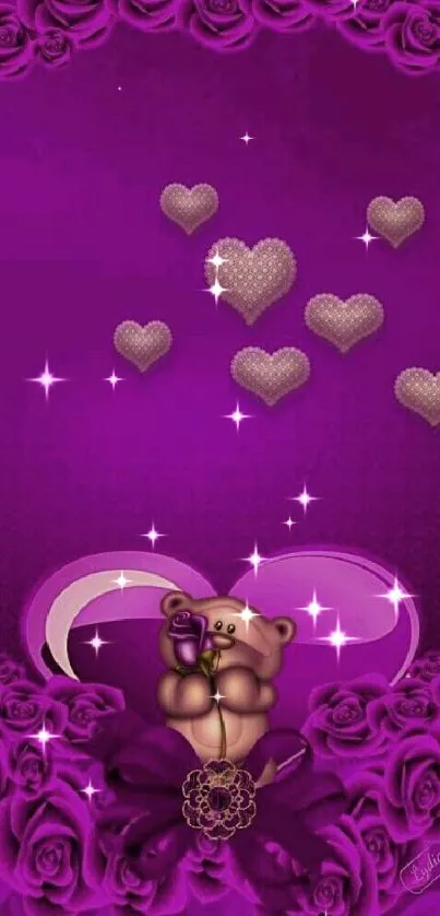 Purple wallpaper with teddy bear and hearts in a floral border design.