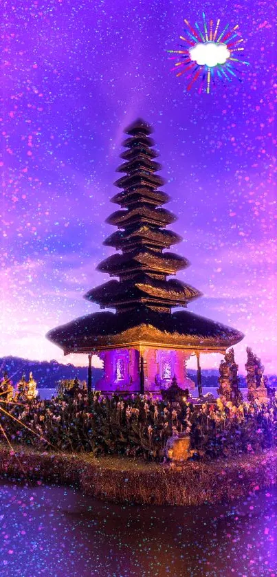 Purple temple with starry sky and mystical glow mobile wallpaper.