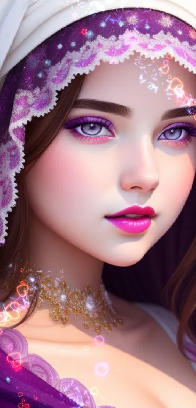 Purple themed artwork of a woman with violet eyes and ornate headdress.