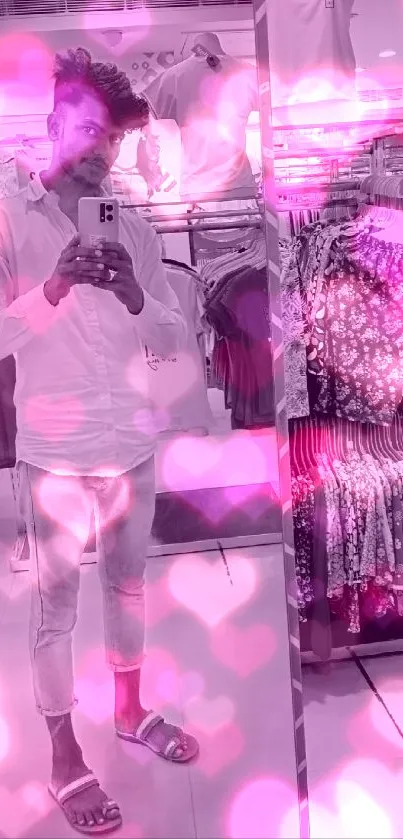 Purple-tinted mirror selfie in a fashion store.