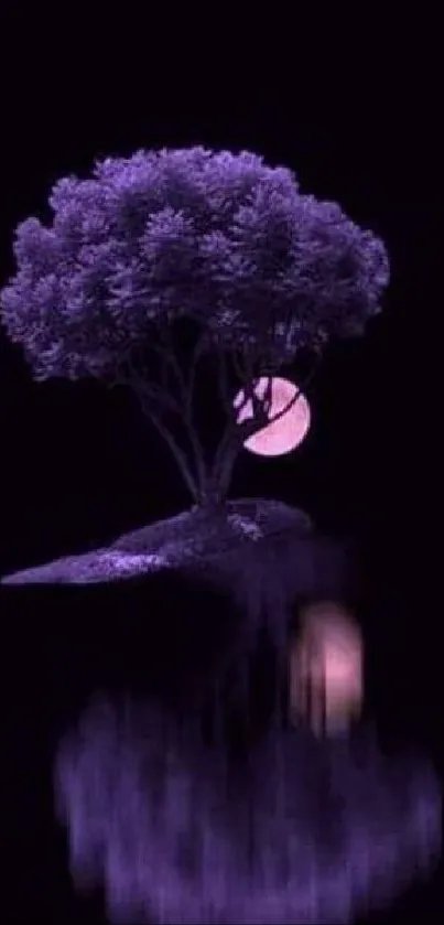 Purple tree reflecting on water at night with moon in background.