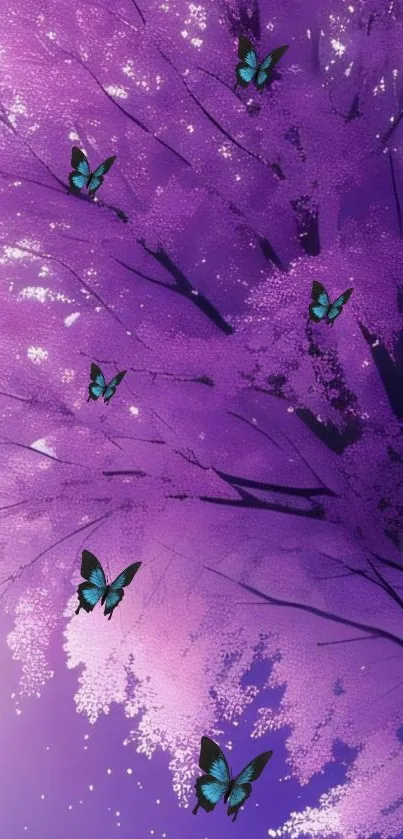 Purple tree with blue butterflies, perfect for mobile wallpaper.