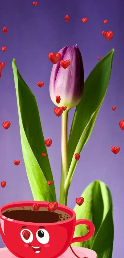 Purple tulip with green leaves and a cartoon coffee cup character.