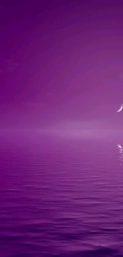 Serene purple ocean with crescent moon on a twilight mobile wallpaper.