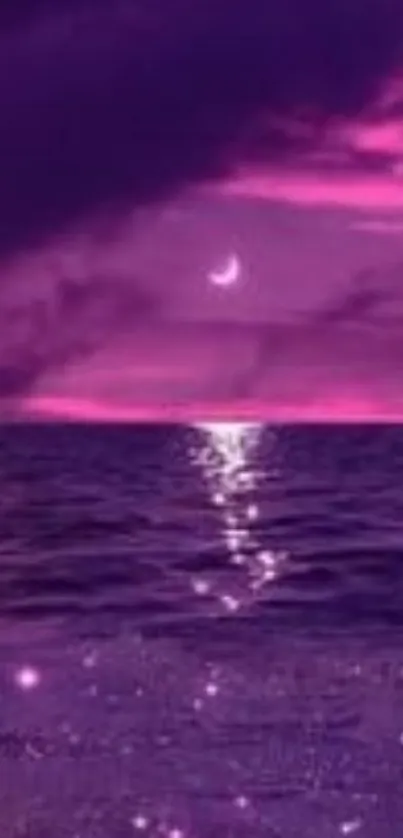 Purple twilight ocean with crescent moon reflection.