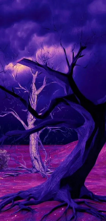 Surreal purple tree art under a twilight sky.