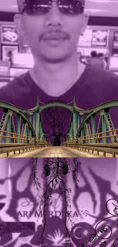 Purple-themed urban art wallpaper with bridge and abstract design elements.