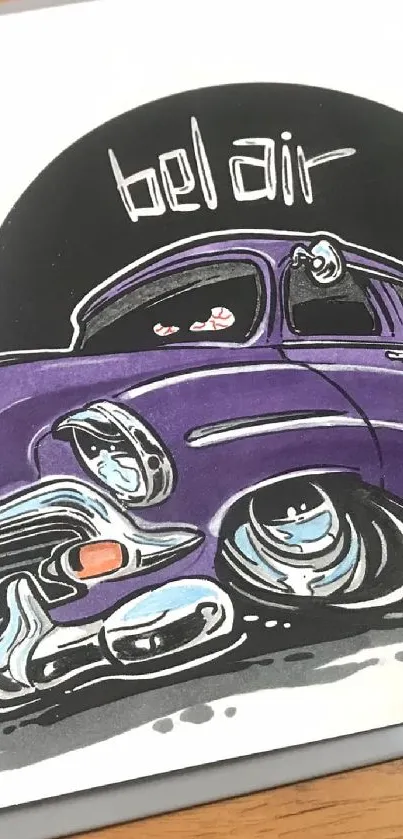 Purple vintage car illustration with retro aesthetic on a phone wallpaper.