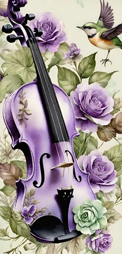 Purple violin with roses and bird art.