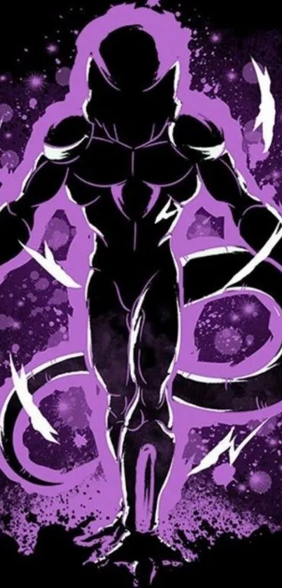 Purple silhouette of a warrior with cosmic energy on a dark background.