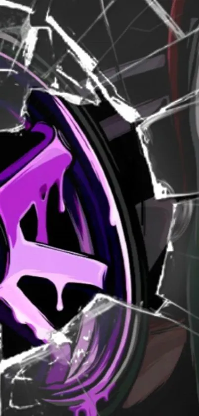 Shattered purple wheel abstract art wallpaper with dynamic patterns.