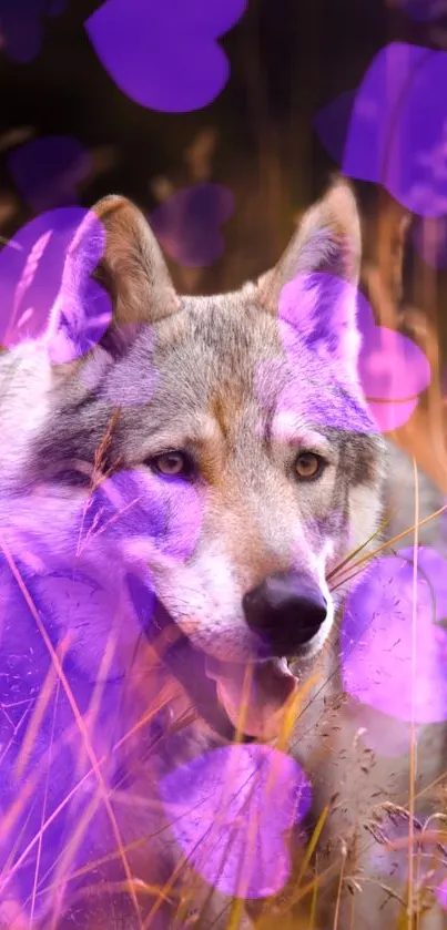 Wolf with purple heart overlay in a natural setting.