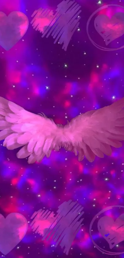 Purple wallpaper with pink wings and hearts on a cosmic background.