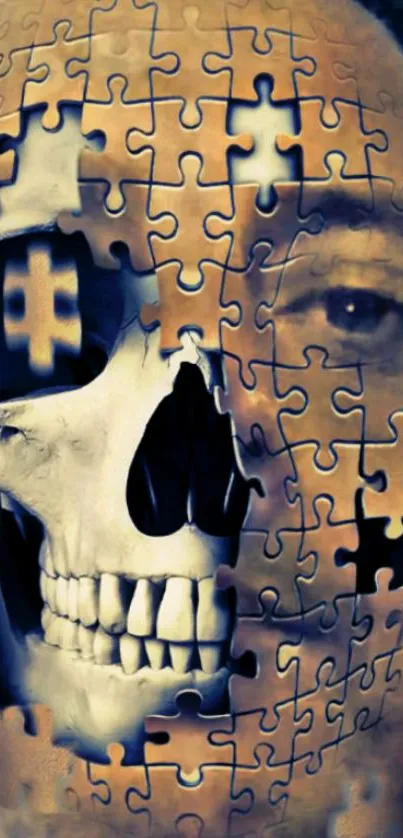 Artistic mobile wallpaper with skull and puzzle blend on a human face.