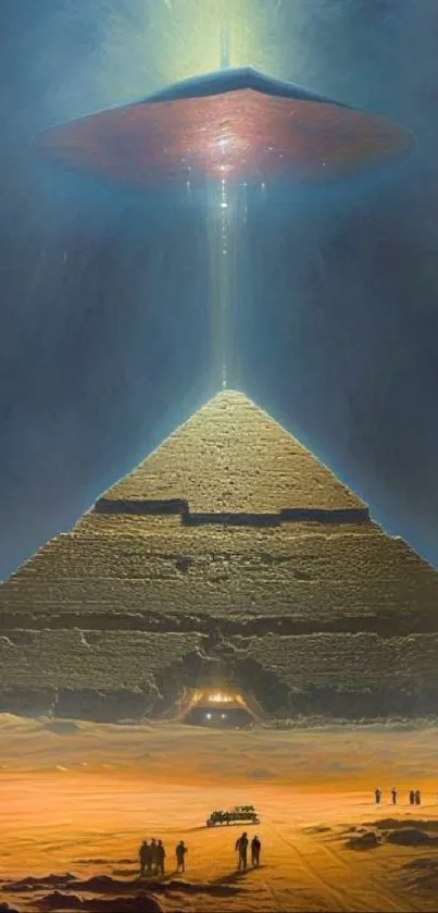 Fantasy wallpaper of a UFO hovering over an illuminated pyramid at night.