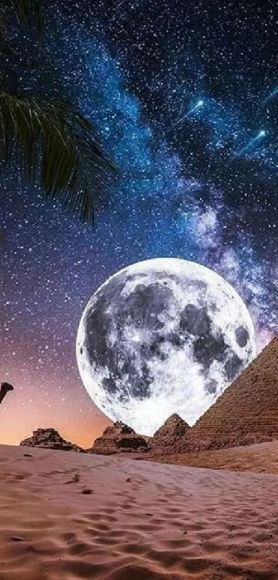 Camel and pyramids under a moonlit starry sky wallpaper.