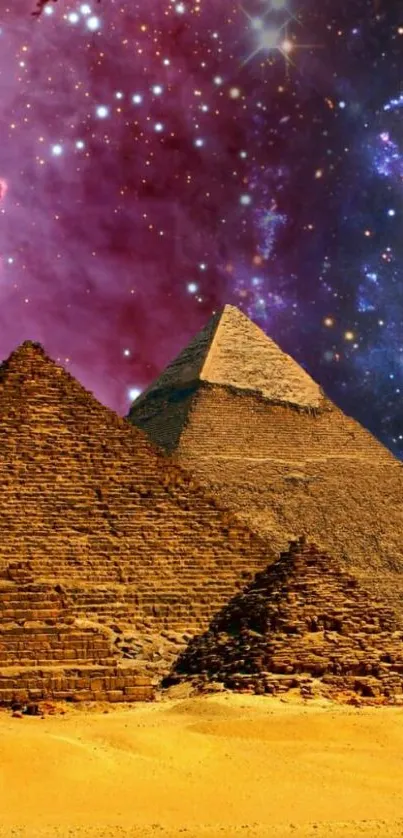 Egyptian pyramids under a vibrant galaxy-lit sky with cosmic hues.