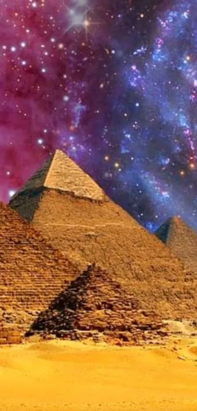 Egyptian pyramids with cosmic background sky.