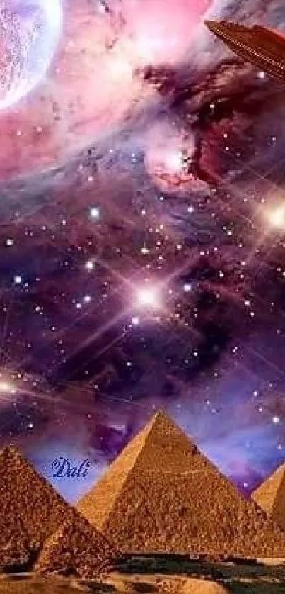 Cosmic pyramid scene with UFO and stars in space.