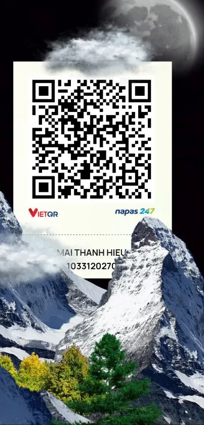 Mountain landscape with QR code and moonlit sky.