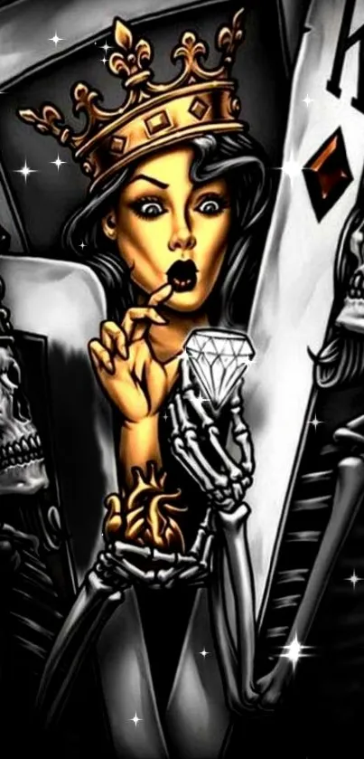 Queen holding diamond with skulls in mystical art wallpaper.