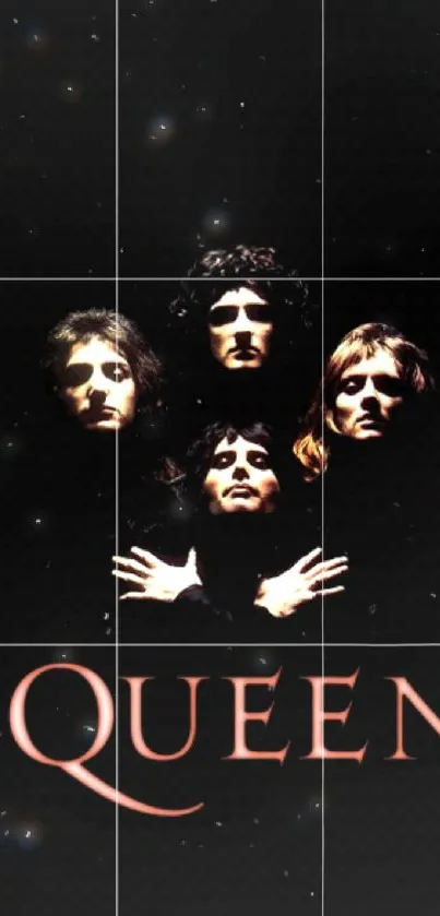 Iconic Queen band members displayed against a dark backdrop on mobile wallpaper.