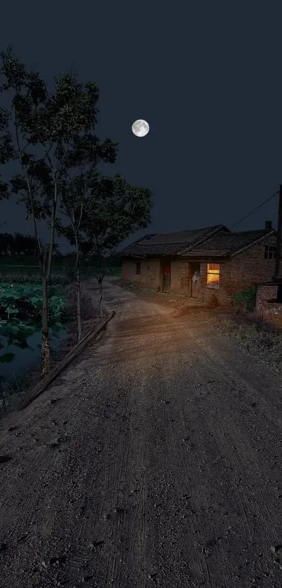 Moonlit rural house and path under a calming dark sky.