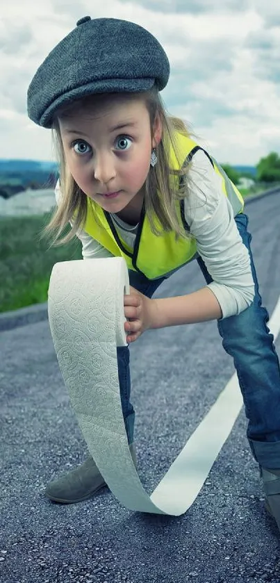 Child on road adventure holding paper rolls, cloudy sky.