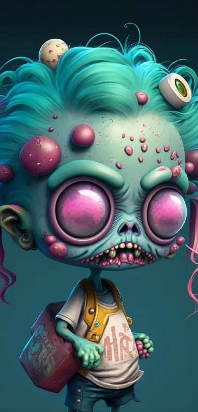 Quirky teal alien character with pink accents and eye-catching design.