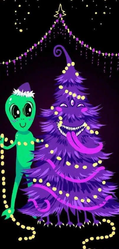 Colorful alien and Christmas tree wallpaper with vibrant holiday theme.