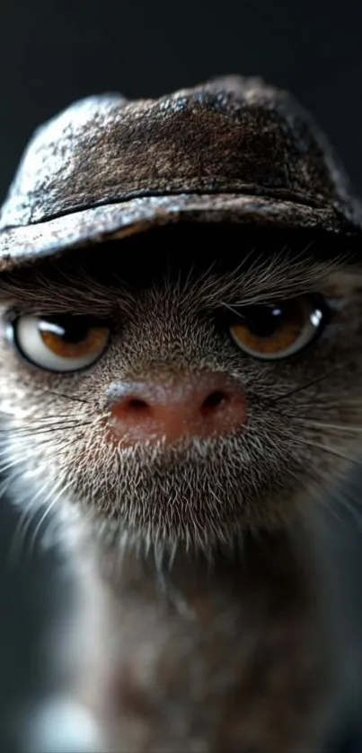 Close-up of a quirky animal wearing a cap with a moody look.