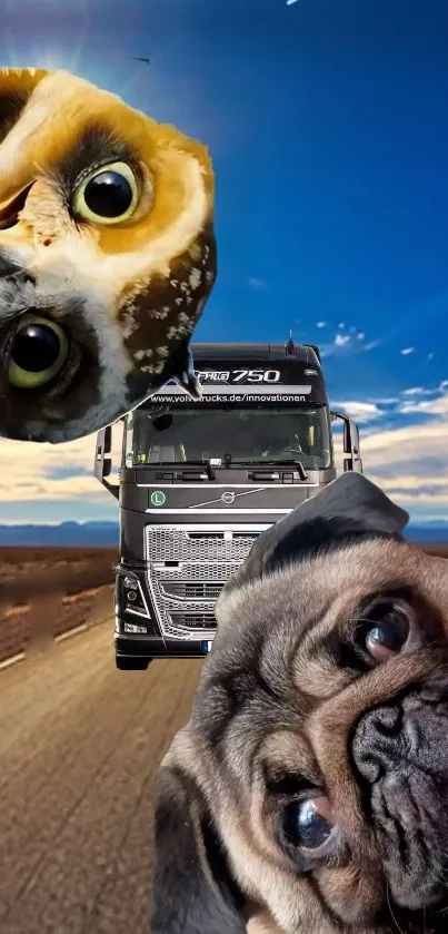 Mobile wallpaper with owl, puppy, and truck on a desert road under blue sky.