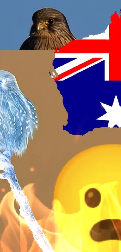 Colorful Australia-themed wallpaper with birds and flag.