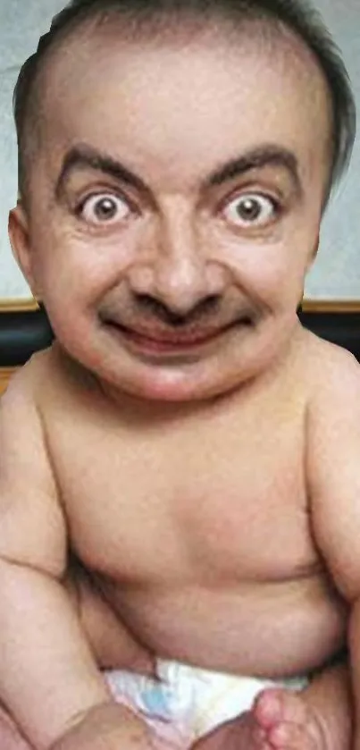 Humorous mobile wallpaper of baby with adult face.
