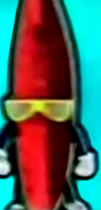 Animated red banana cartoon with sunglasses on aqua background.