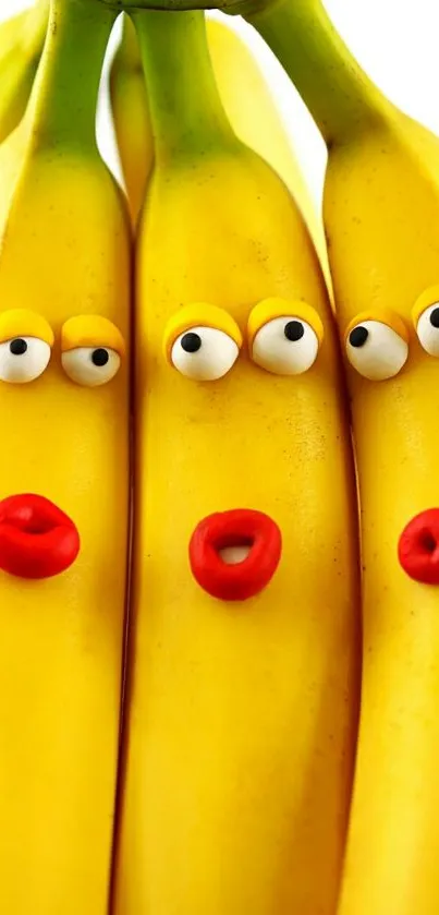 Quirky bananas with eyes and lips in bright yellow hue.