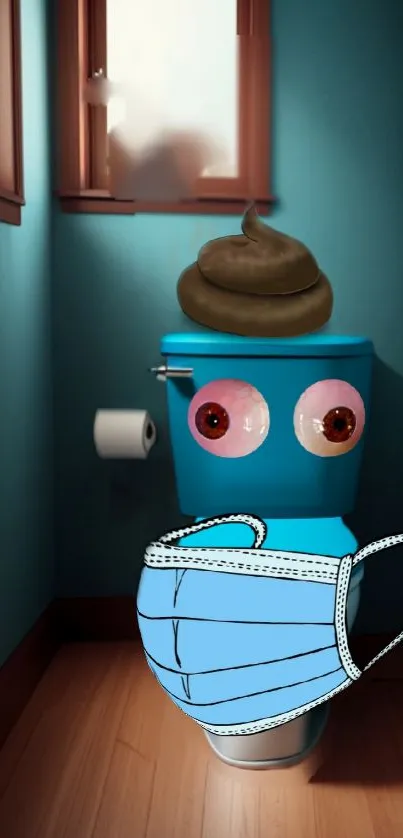 Cartoon blue toilet with mask in humorous bathroom scene.