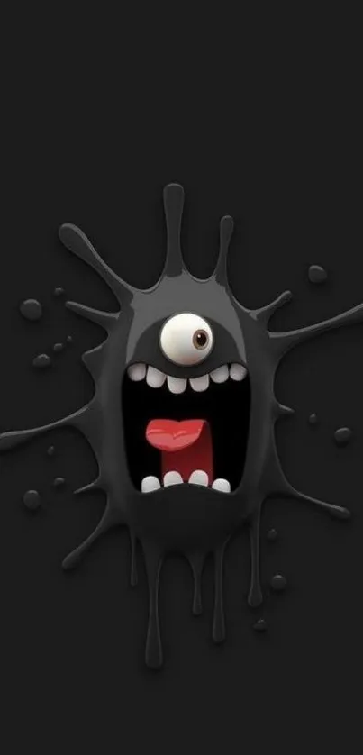 Quirky black monster cartoon with a splatter design on a dark background.