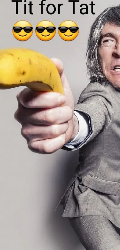 Businessman holding banana in a fun, creative pose.