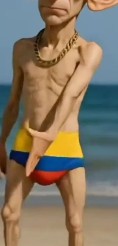 Quirky cartoon character with colorful swimwear on the beach.