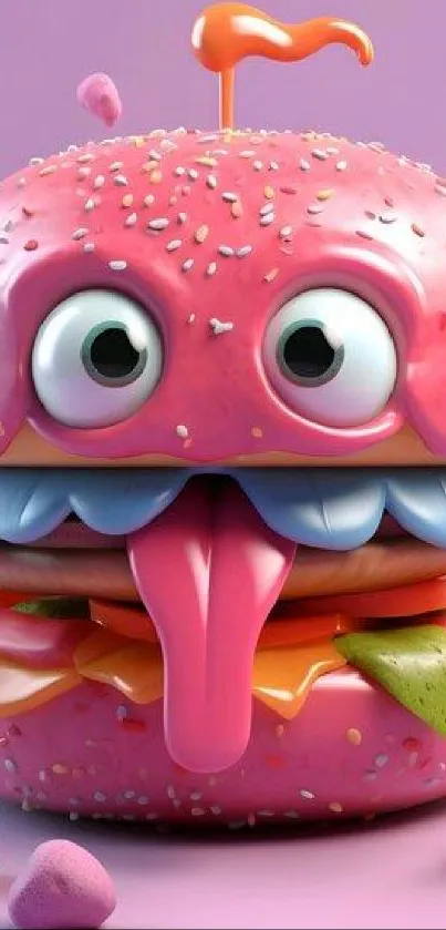 Whimsical cartoon burger with eyes and tongue on a pink background.