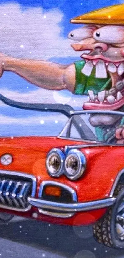 Quirky cartoon character in red car on road trip wallpaper.