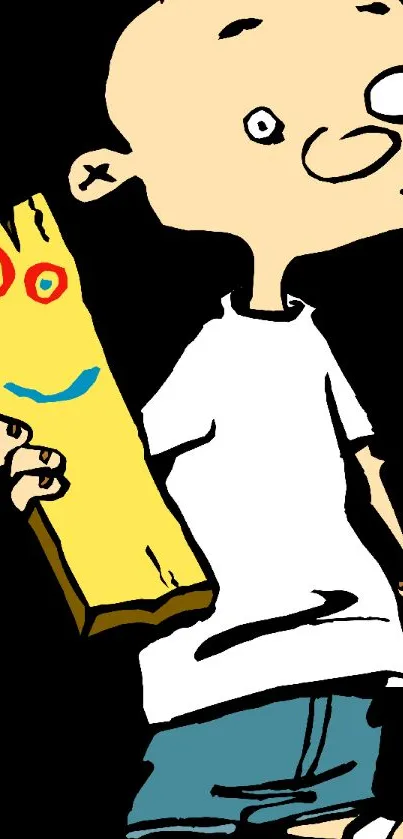 Cartoon character holding a wooden plank with a colorful face.