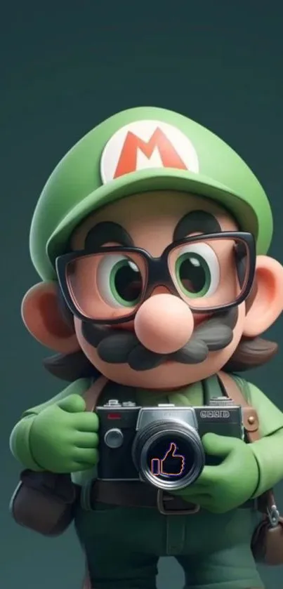 Cartoon character wearing glasses holds a camera