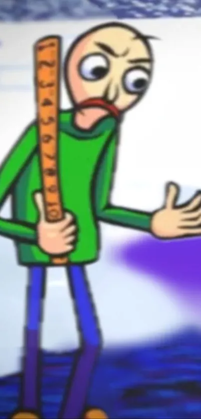 Cartoon character holding a ruler with vibrant green and blue colors.