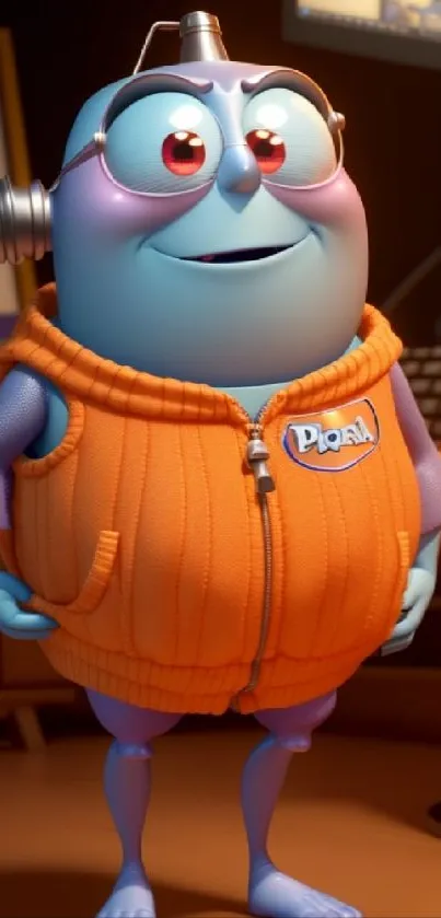 Quirky blue cartoon character wearing an orange vest with headphones.