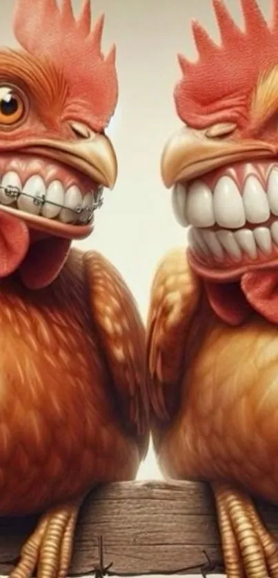 Quirky cartoon chickens with big smiles