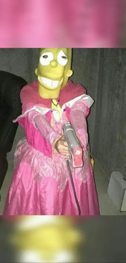 Cartoon character in a humorous pink costume holding an object.